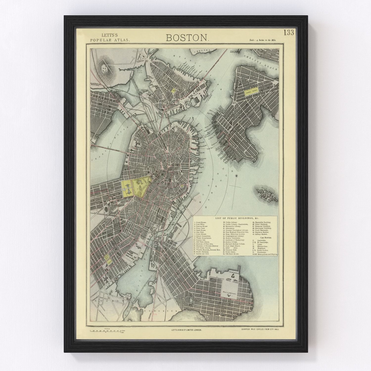 vintage map of Boston Massachusetts 1883, restored print wall art