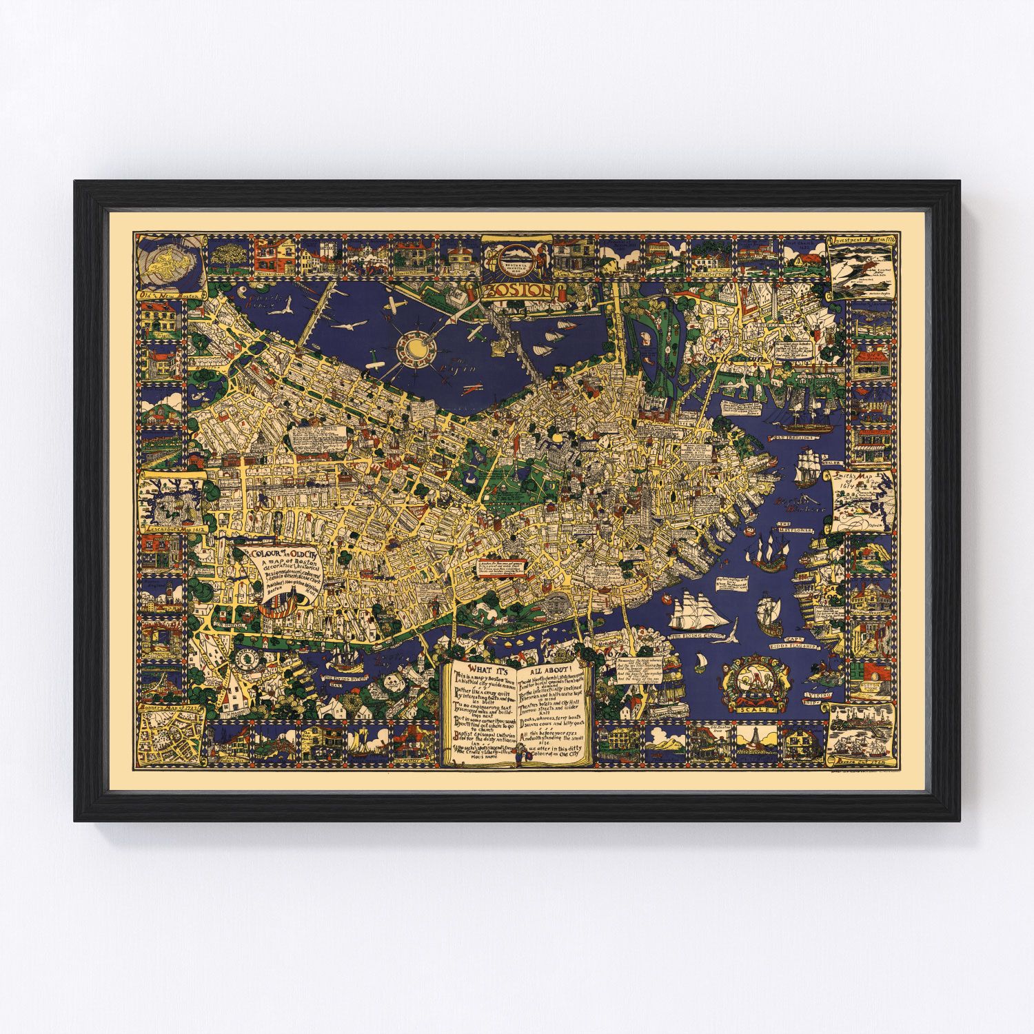 Vintage map of Boston Massachusetts 1926, interwar era restored print