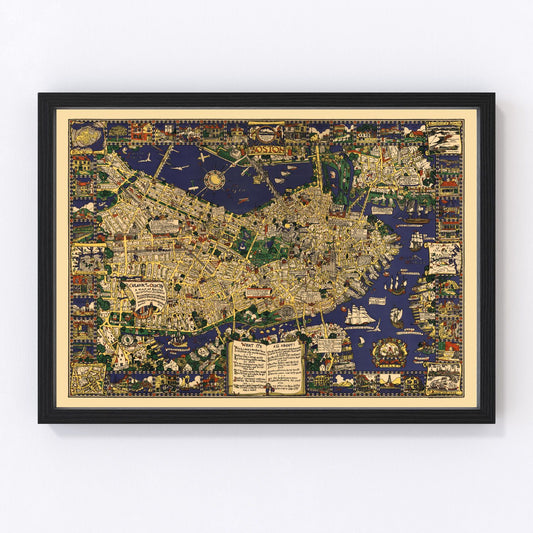 Vintage map of Boston Massachusetts 1926, interwar era restored print