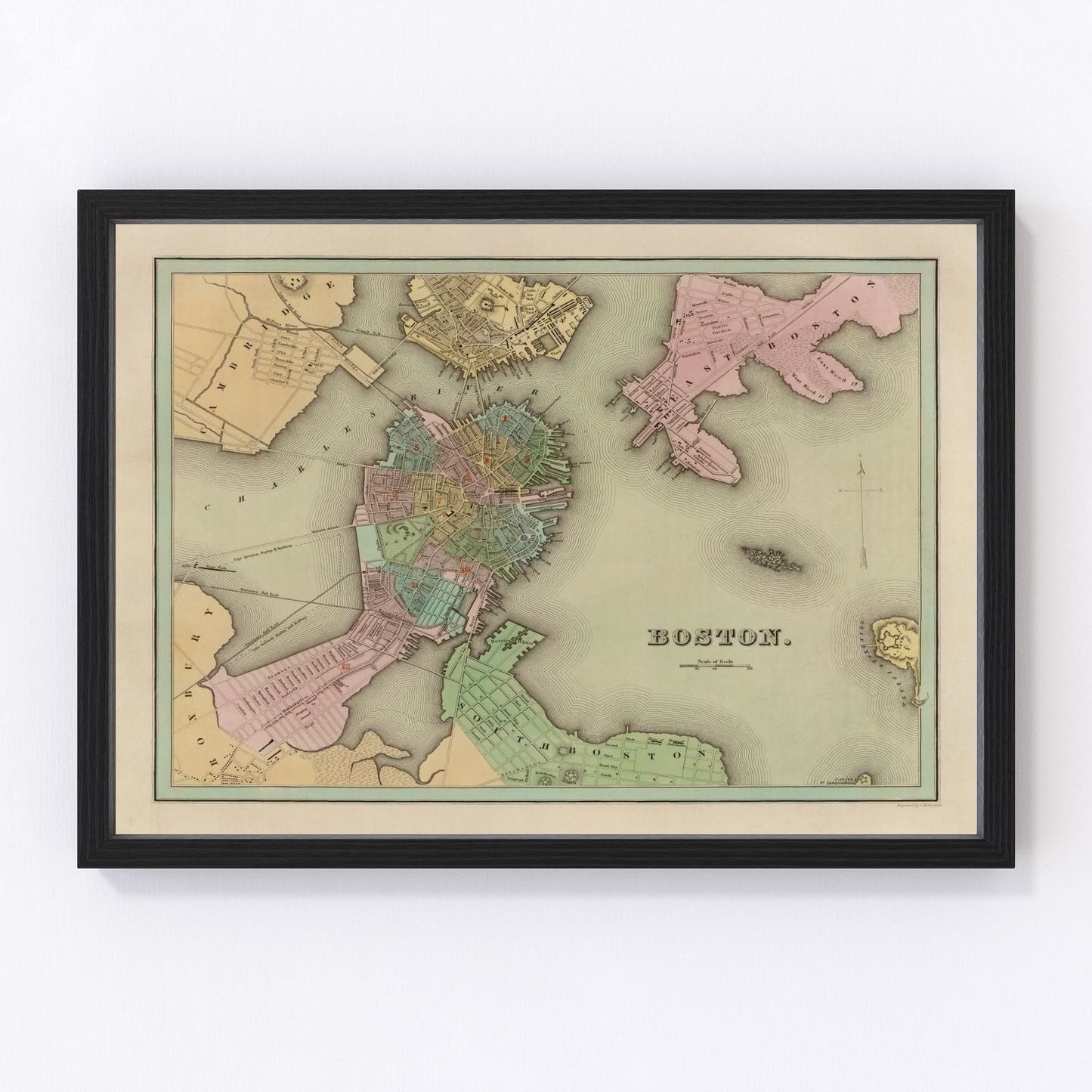 vintage map of Boston Massachusetts 1838, restored print wall art