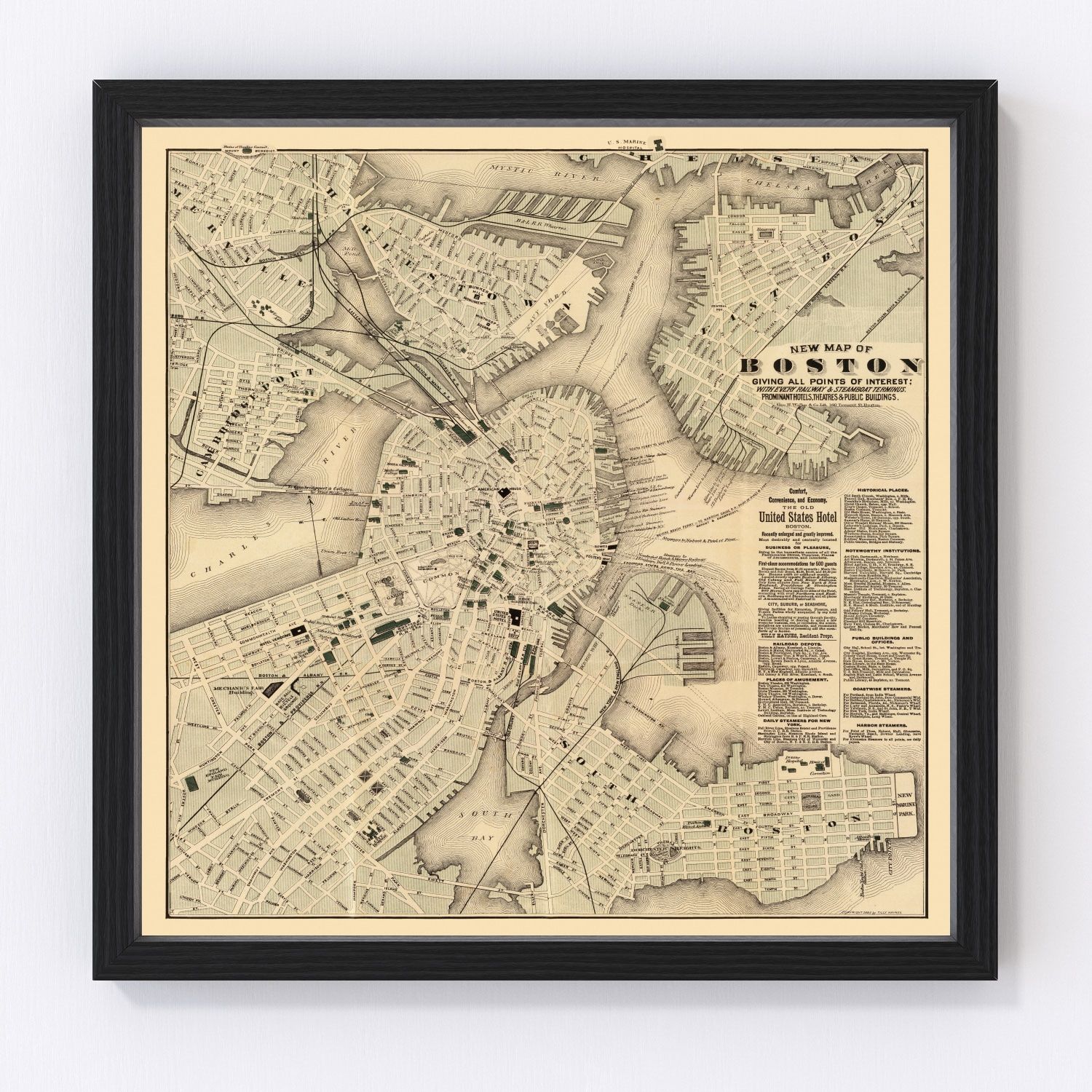 vintage map of Boston Massachusetts 1884, restored print wall art