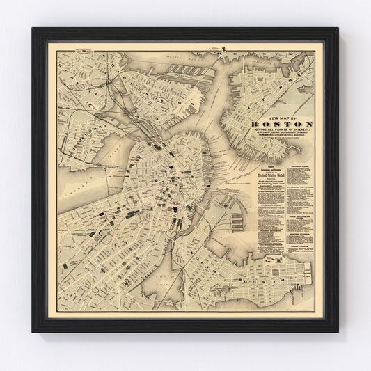 vintage map of Boston Massachusetts 1884, restored print wall art