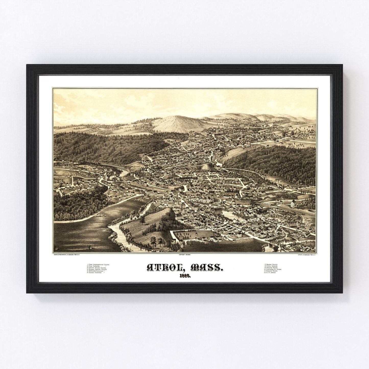 Vintage map of Athol, Massachusetts mill town, 1887