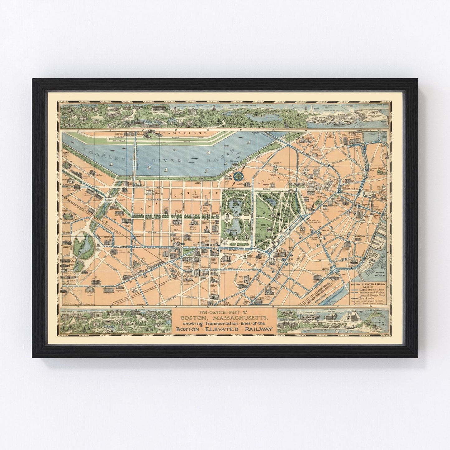 Vintage map of Boston Massachusetts 1930, interwar period restored print