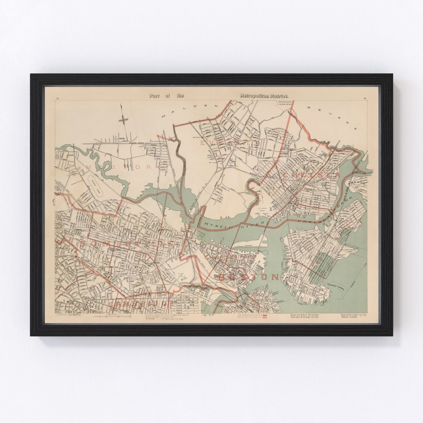 vintage map of Boston Massachusetts 1891, restored print wall art