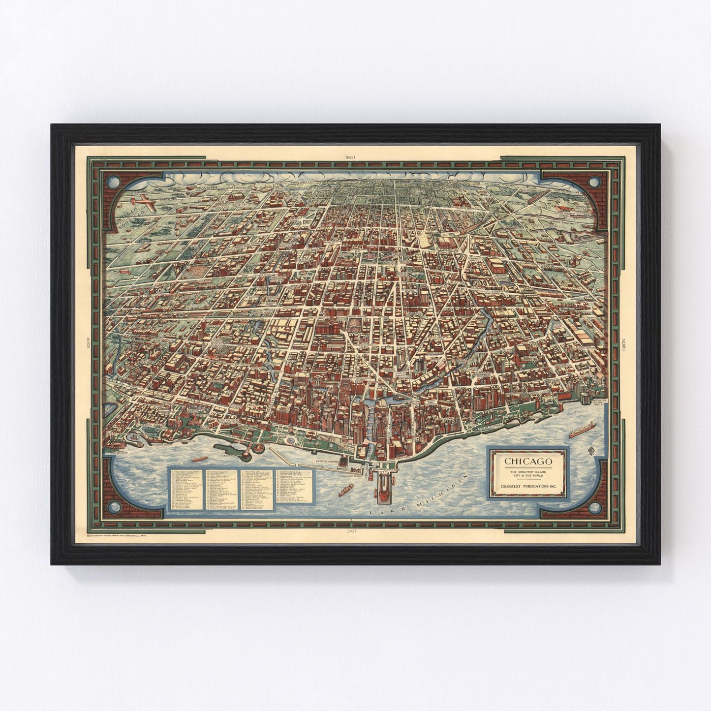 Vintage restored map of Chicago, Illinois, 1938, Cook County pre-war era