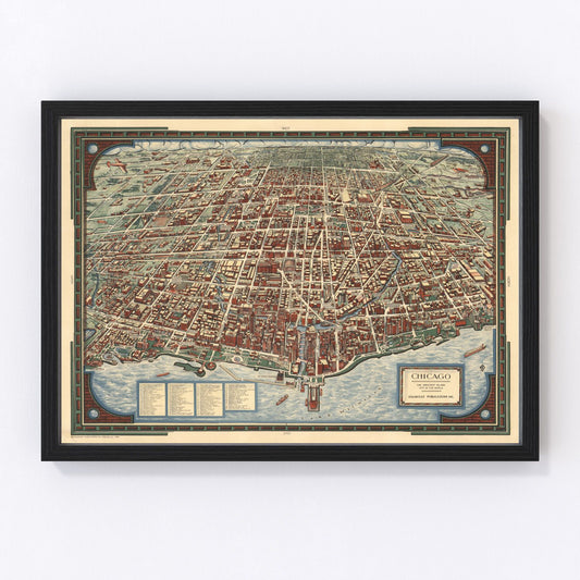 Vintage restored map of Chicago, Illinois, 1938, Cook County pre-war era