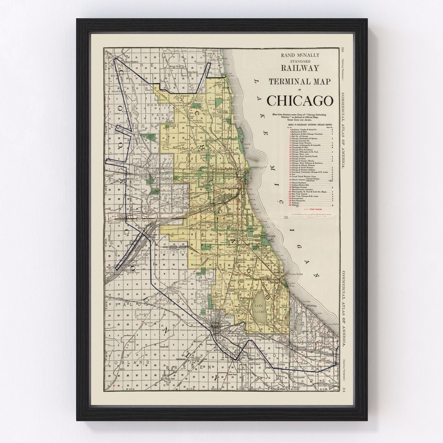 Vintage restored map of Chicago, Illinois, 1924, Cook County roaring twenties