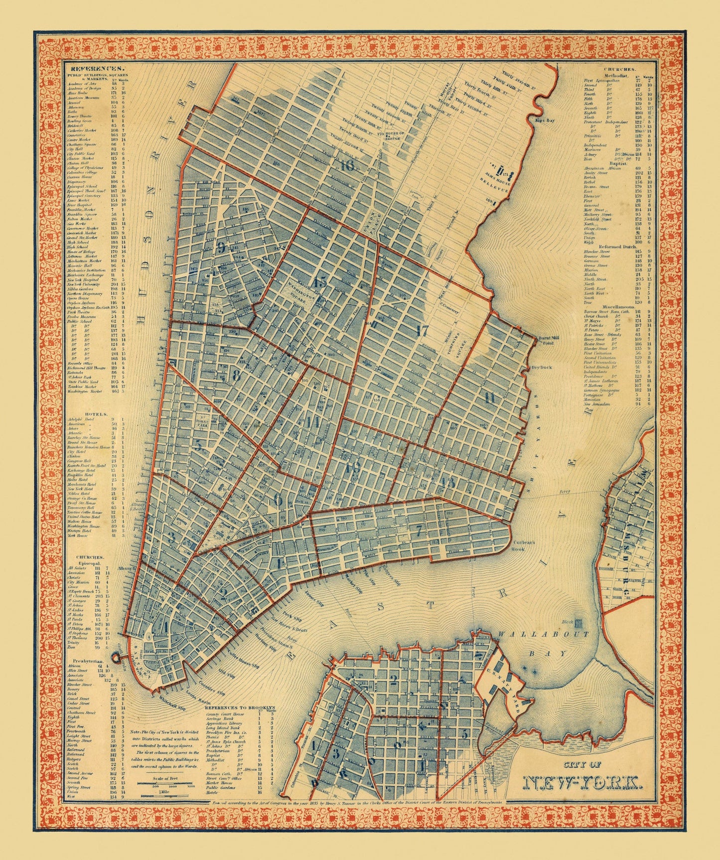 Vintage Map of New York City, New York, 1846 II