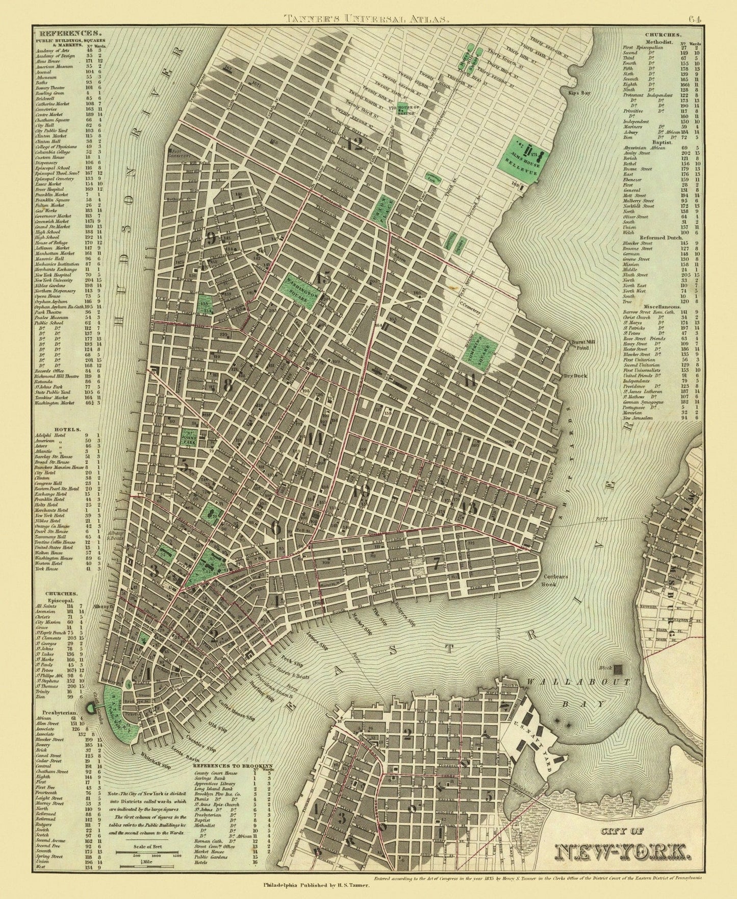 Vintage Map of New York City, New York, 1836 II