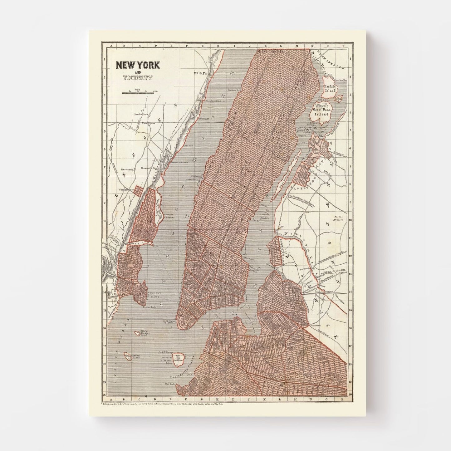 Vintage Map of New York City, New York, 1845