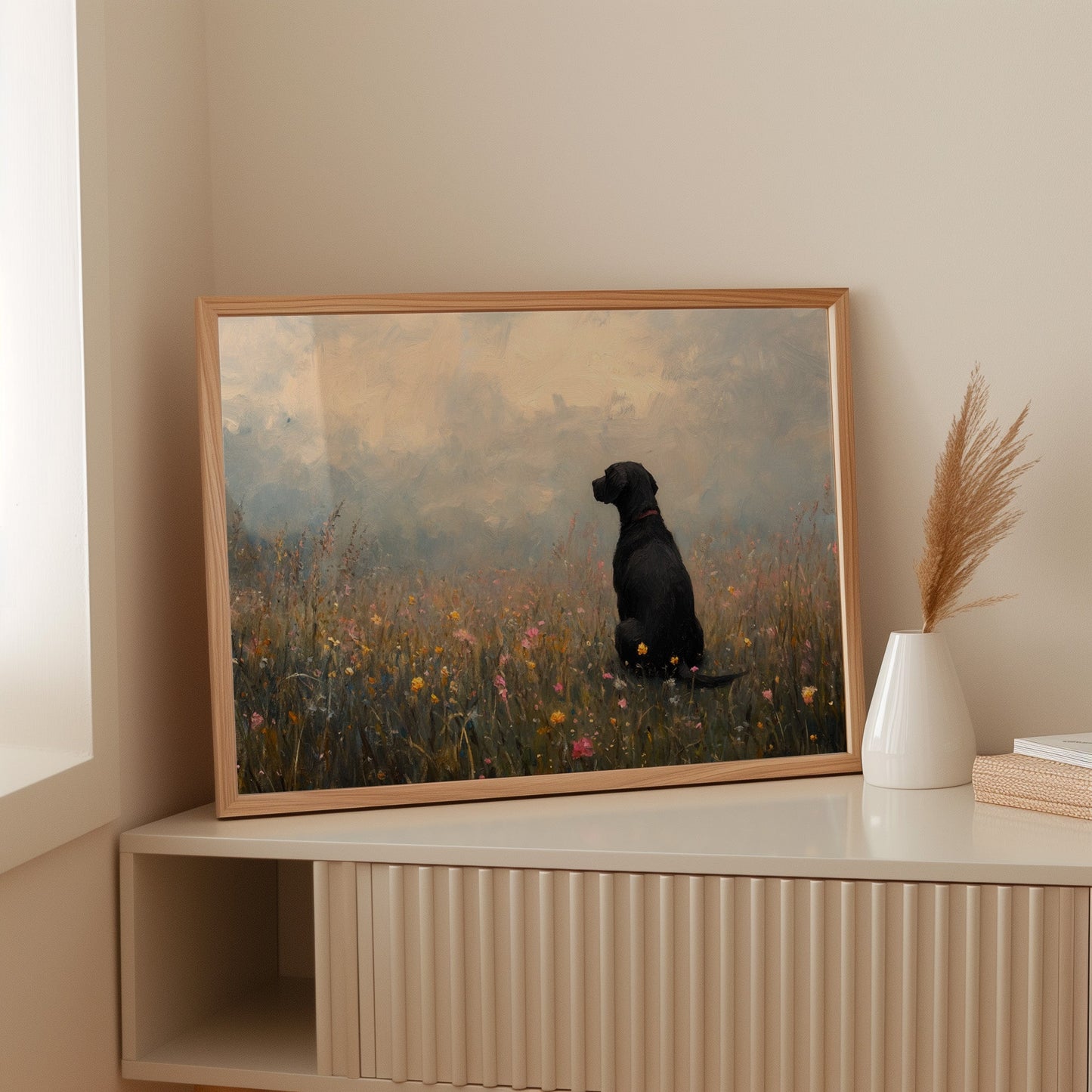 Black Lab in Wildflowers Rustic Dog Art Print