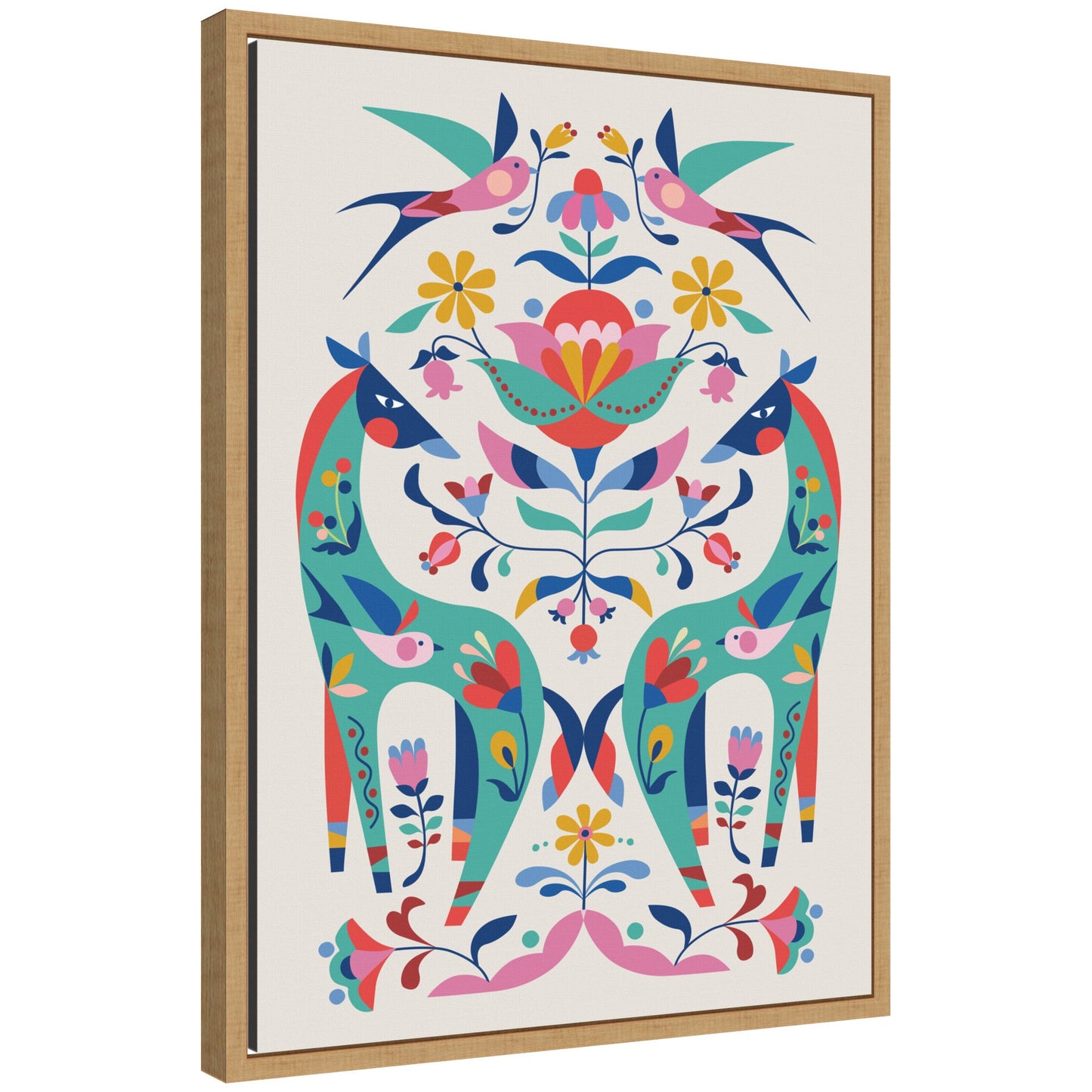 Folk art horses and birds framed canvas wall art