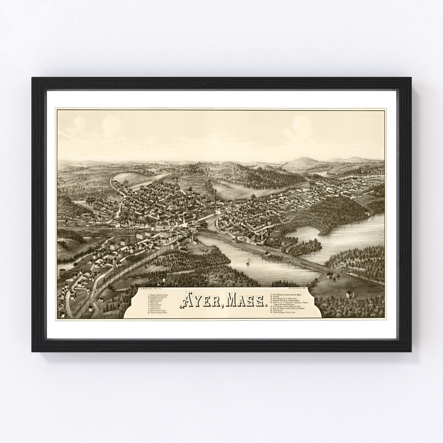 Vintage map of Ayer, Massachusetts, 1886, Middlesex County