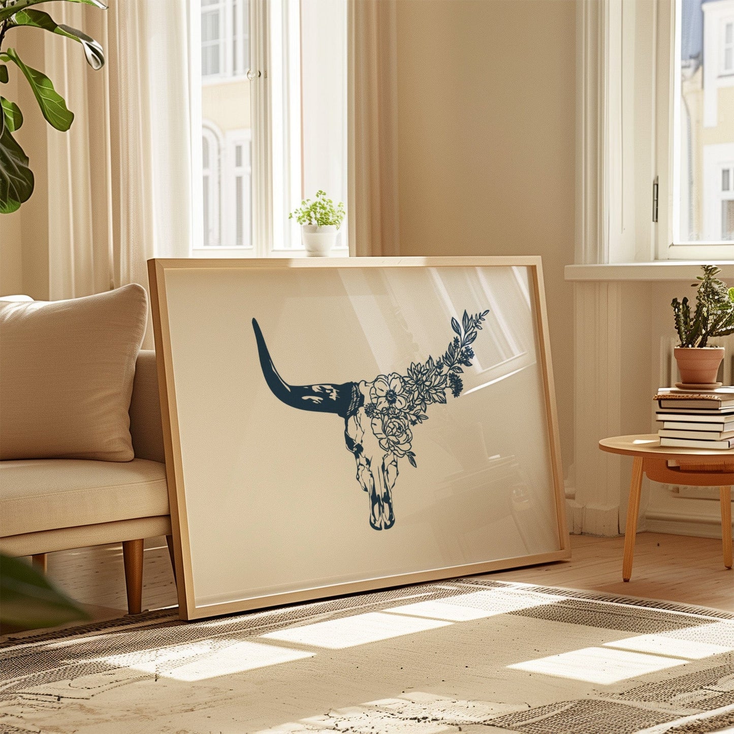 Floral Longhorn Skull Wall Art - Western Boho Print