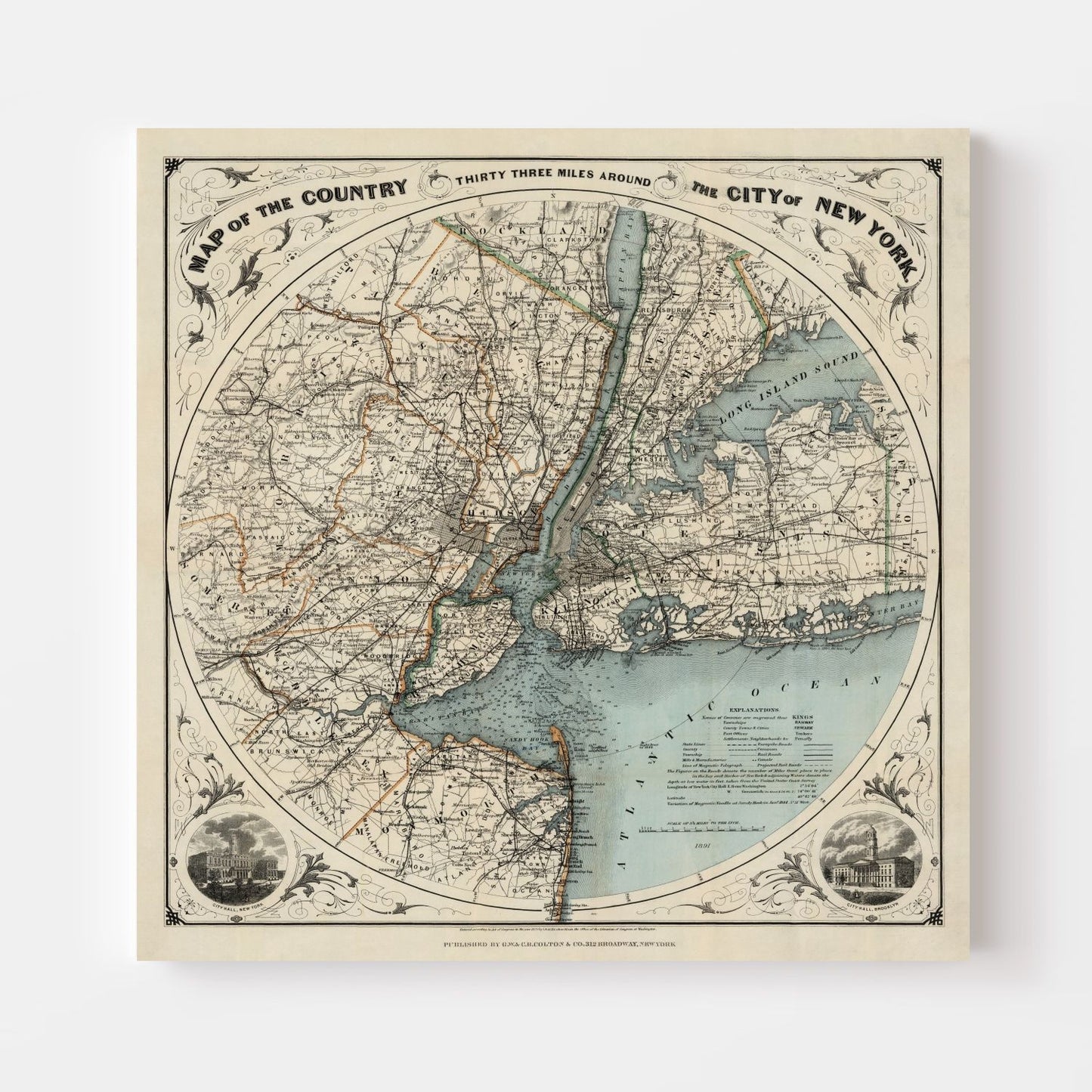 Vintage Map of New York City, New York, 1891