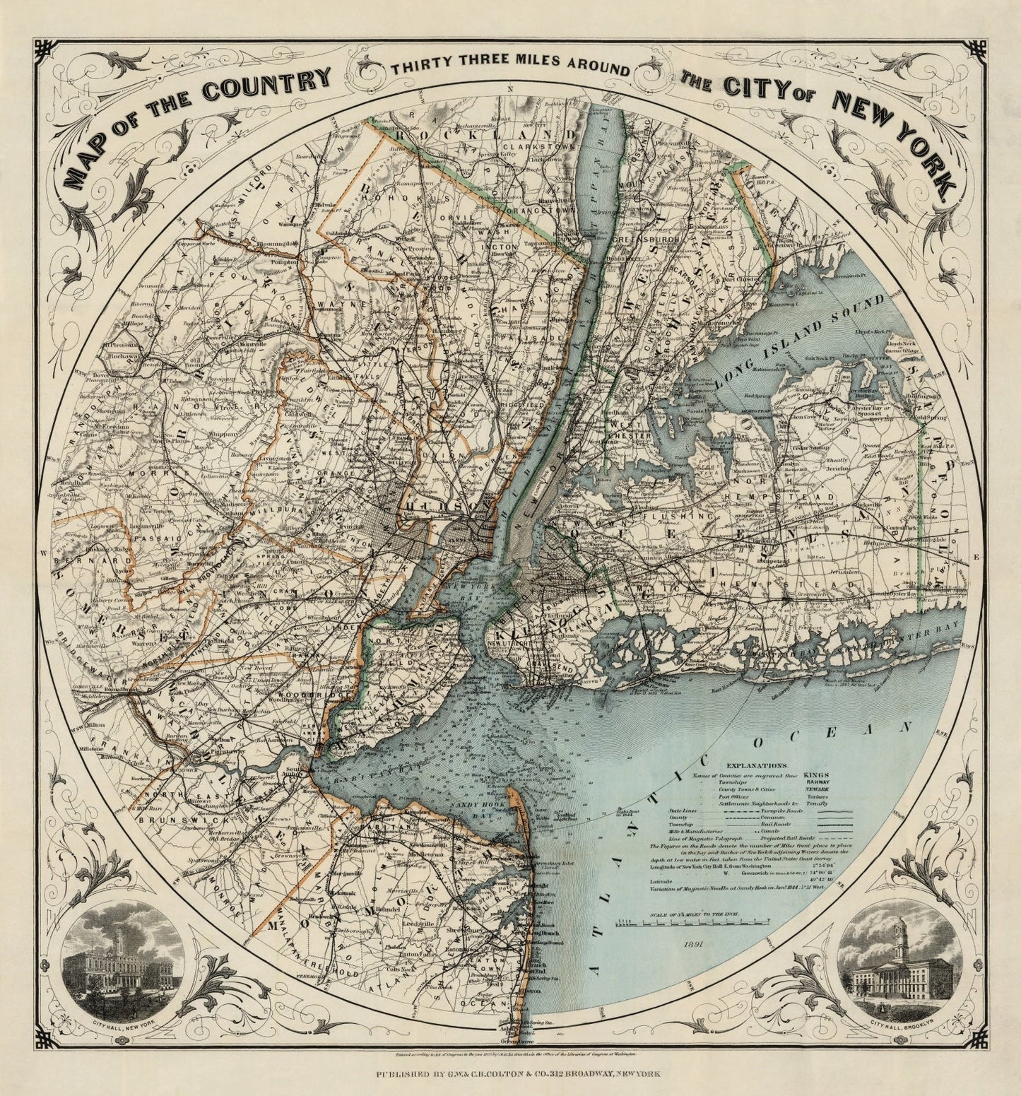 Vintage Map of New York City, New York, 1891