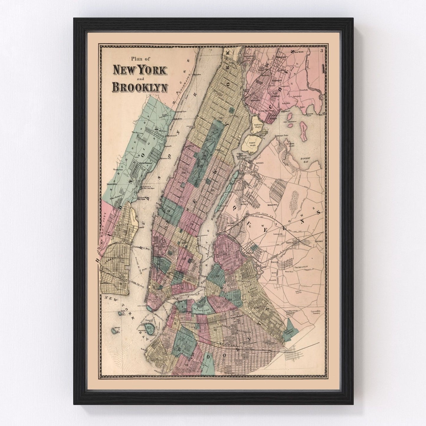 vintage map of Brooklyn New York, 1867, restored print wall art