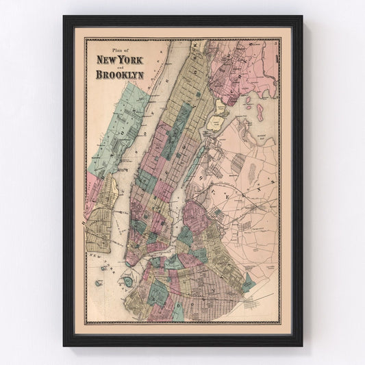 vintage map of Brooklyn New York, 1867, restored print wall art