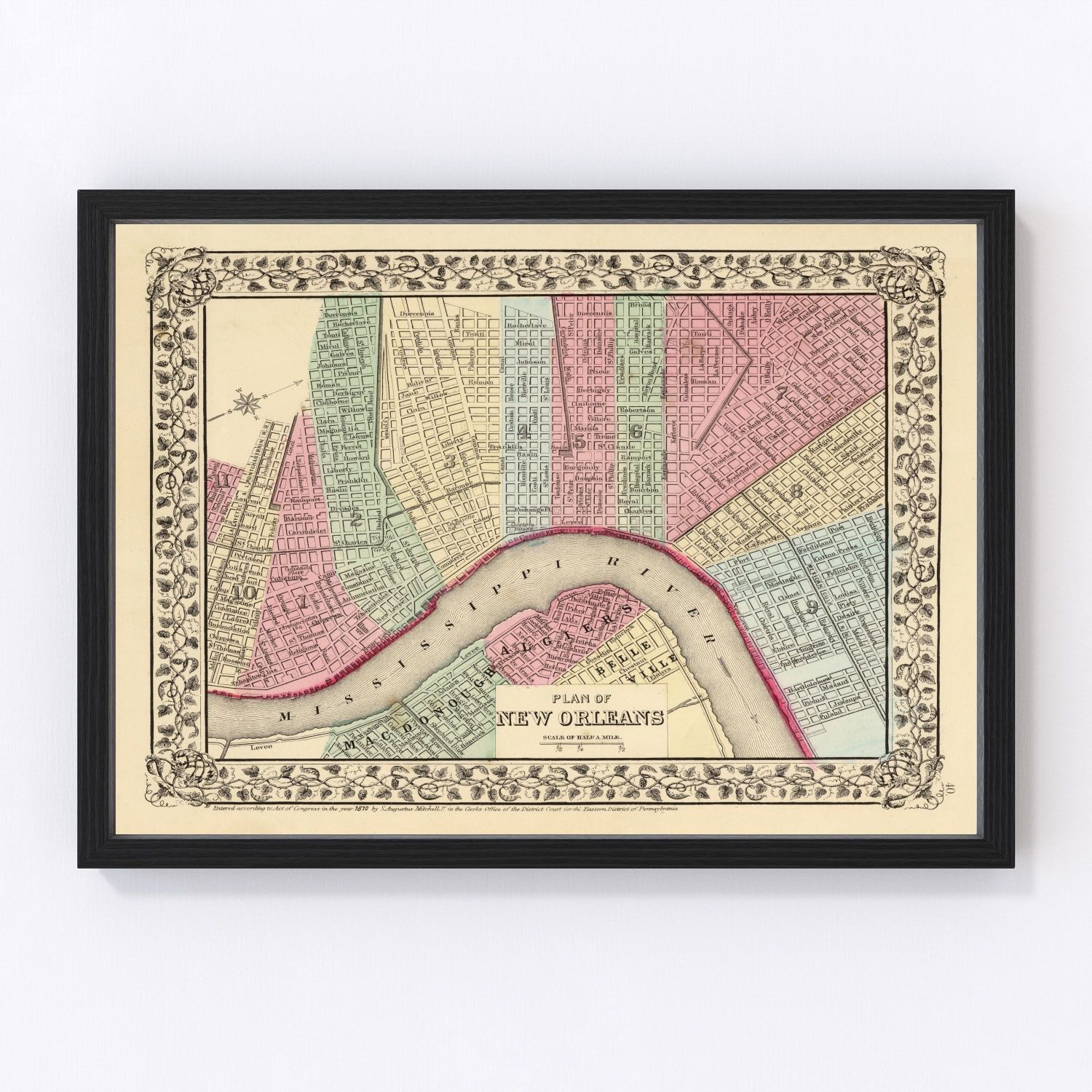 Vintage map of New Orleans, Orleans Parish, Louisiana, 1870