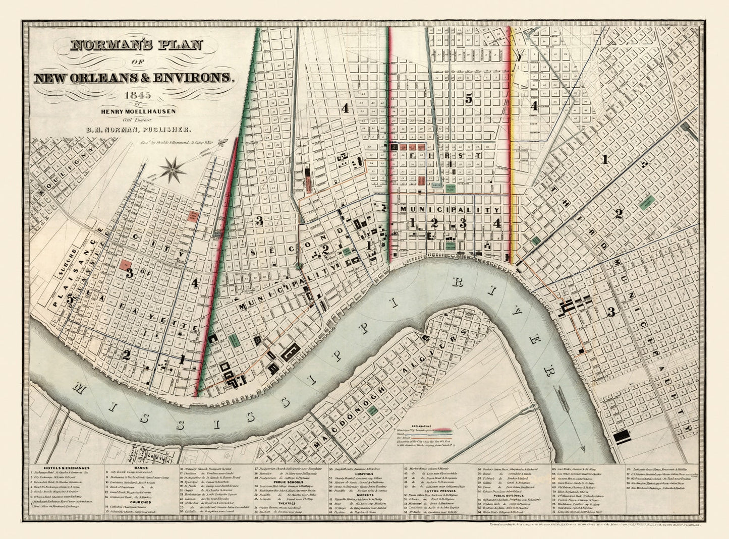 Vintage Map of New Orleans, Louisiana, 1845