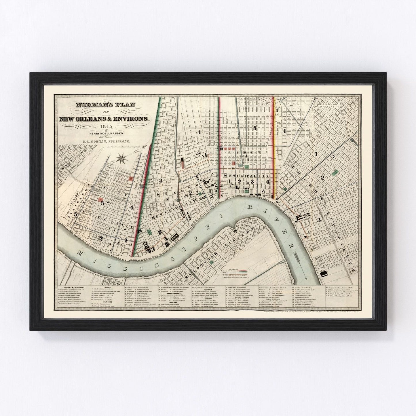 Vintage map of New Orleans, Orleans Parish, Louisiana, 1845