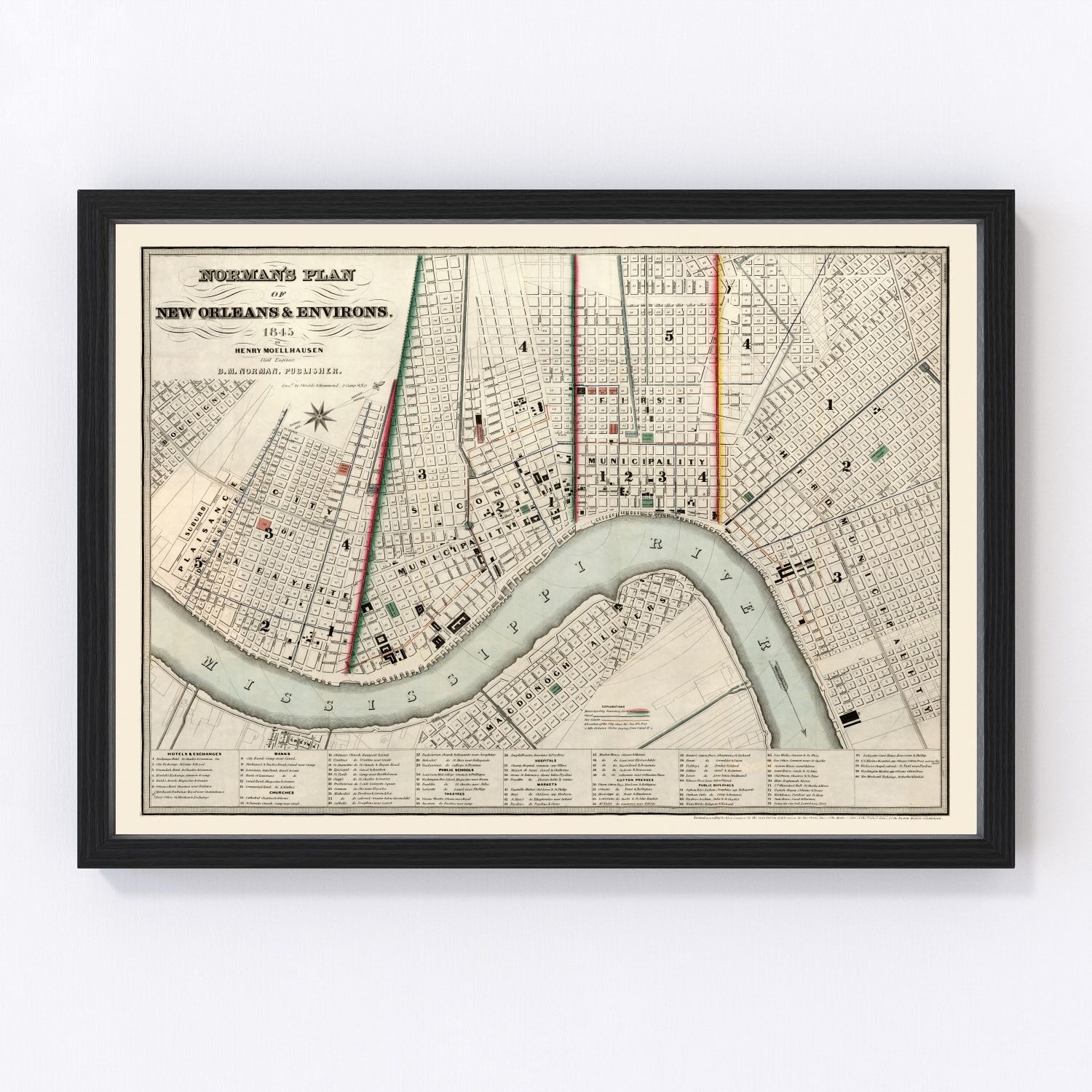 Vintage map of New Orleans, Orleans Parish, Louisiana, 1845