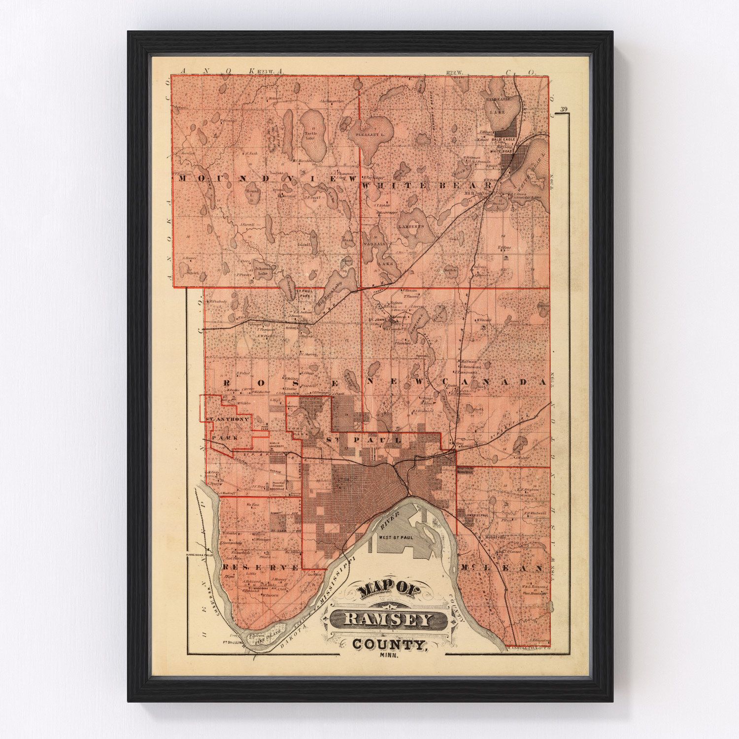 Vintage map of Ramsey County, Minnesota, 1874