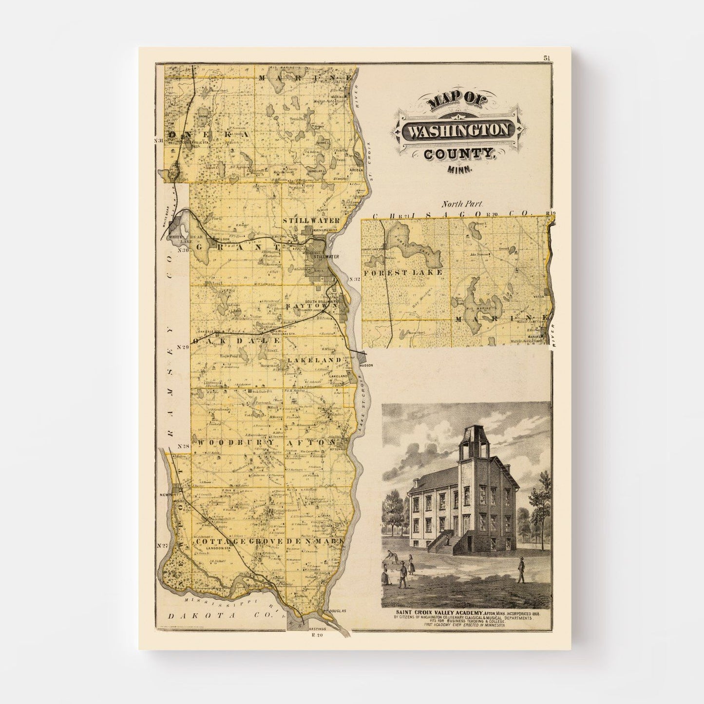 Vintage Map of Washington County, Minnesota 1874 - Edition II