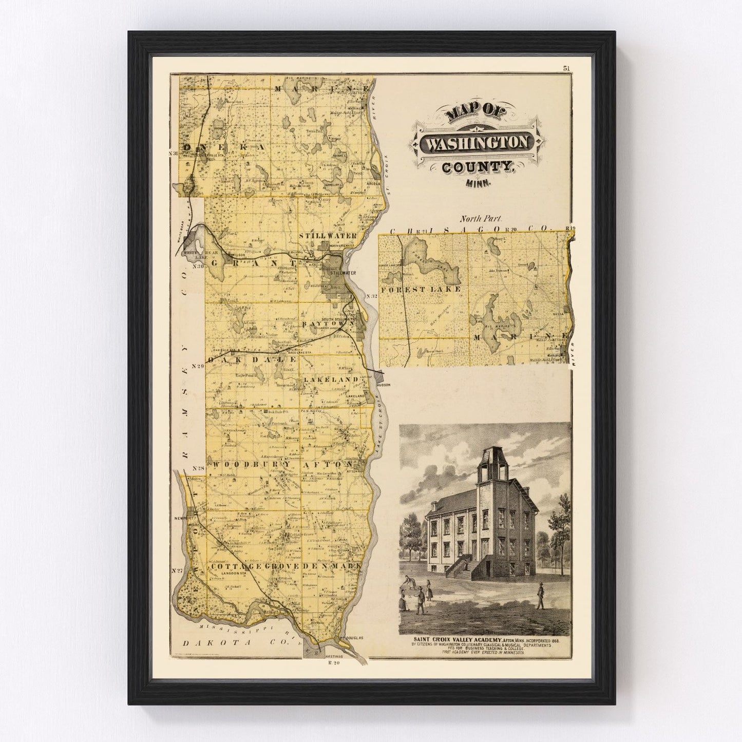 Vintage map of Washington County, Minnesota, 1874, Edition II, showing Mississippi tributaries