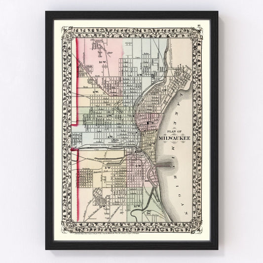vintage map of Milwaukee, Wisconsin, 1874