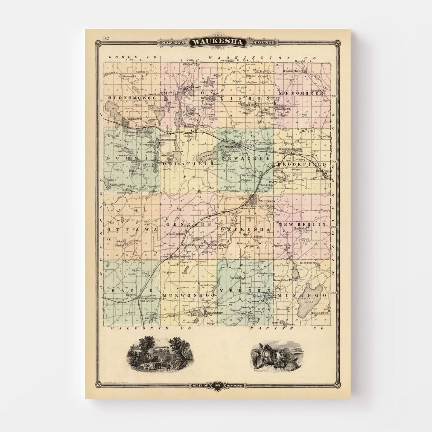 Vintage Map of Waukesha County, Wisconsin, 1878 (II)