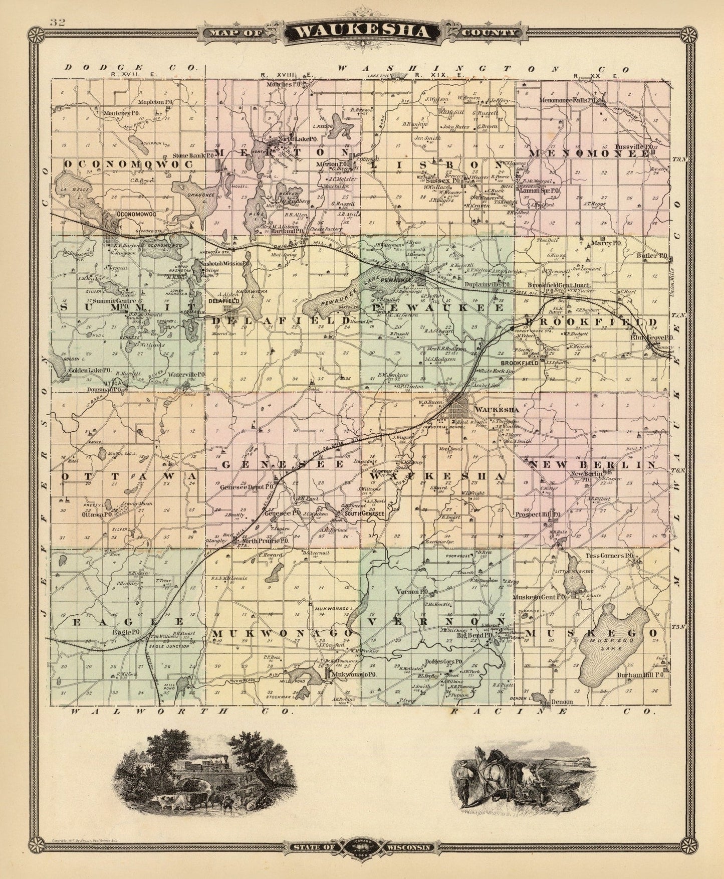 Vintage Map of Waukesha County, Wisconsin, 1878 (II)