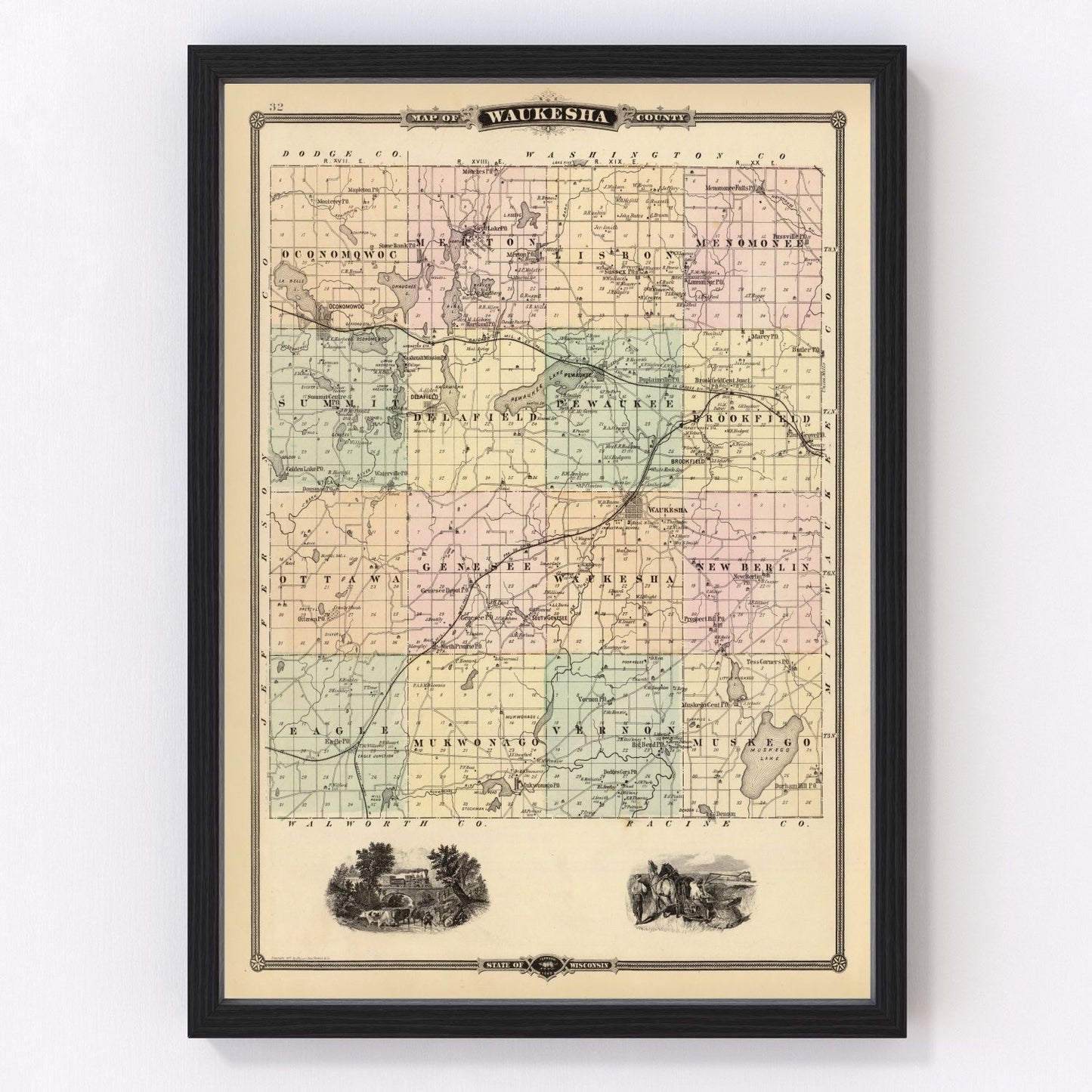 Vintage map of Waukesha County, Wisconsin, 1878, Fox River lakes district townships