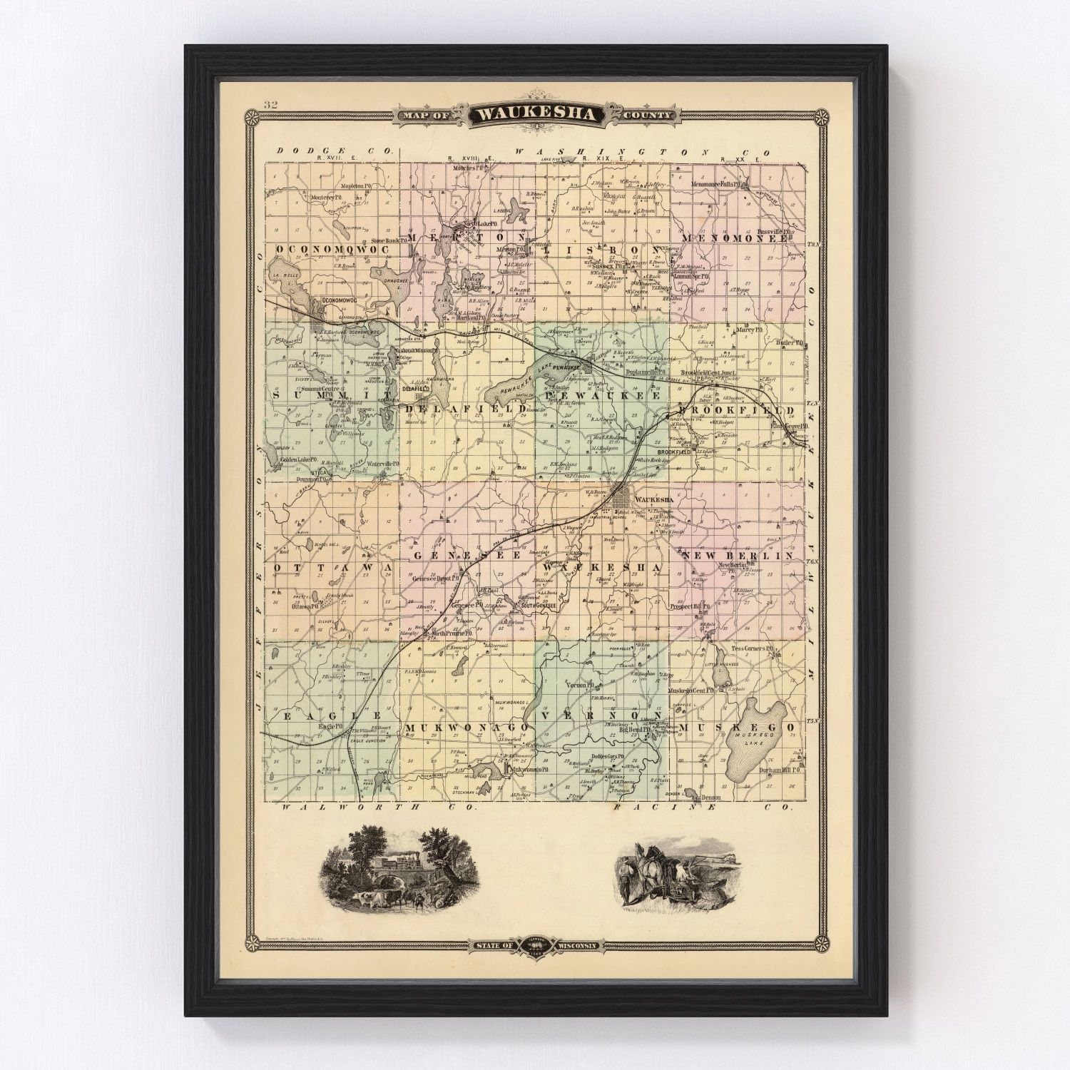 Vintage map of Waukesha County, Wisconsin, 1878, Fox River lakes district townships