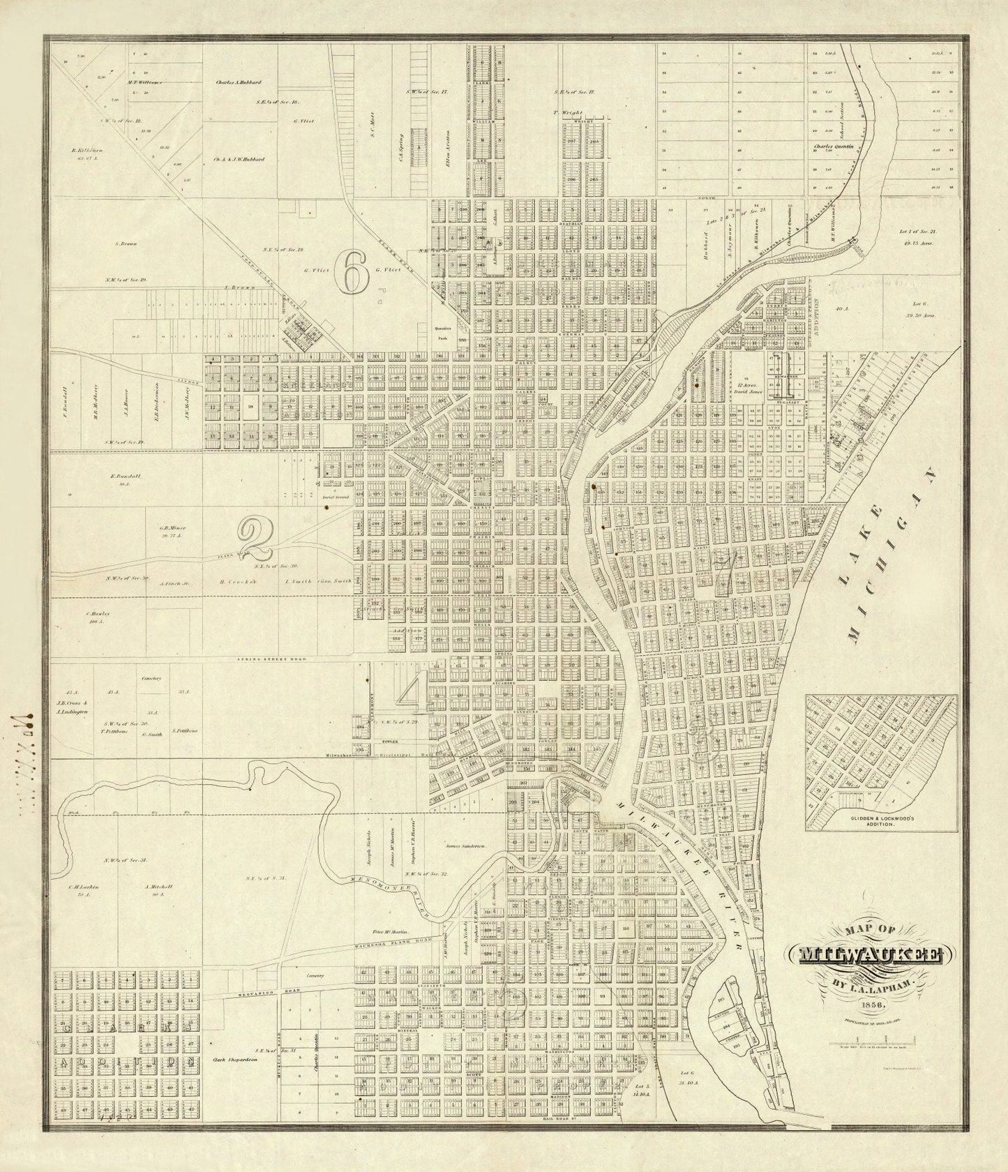 Vintage Map of Milwaukee, Wisconsin, 1856