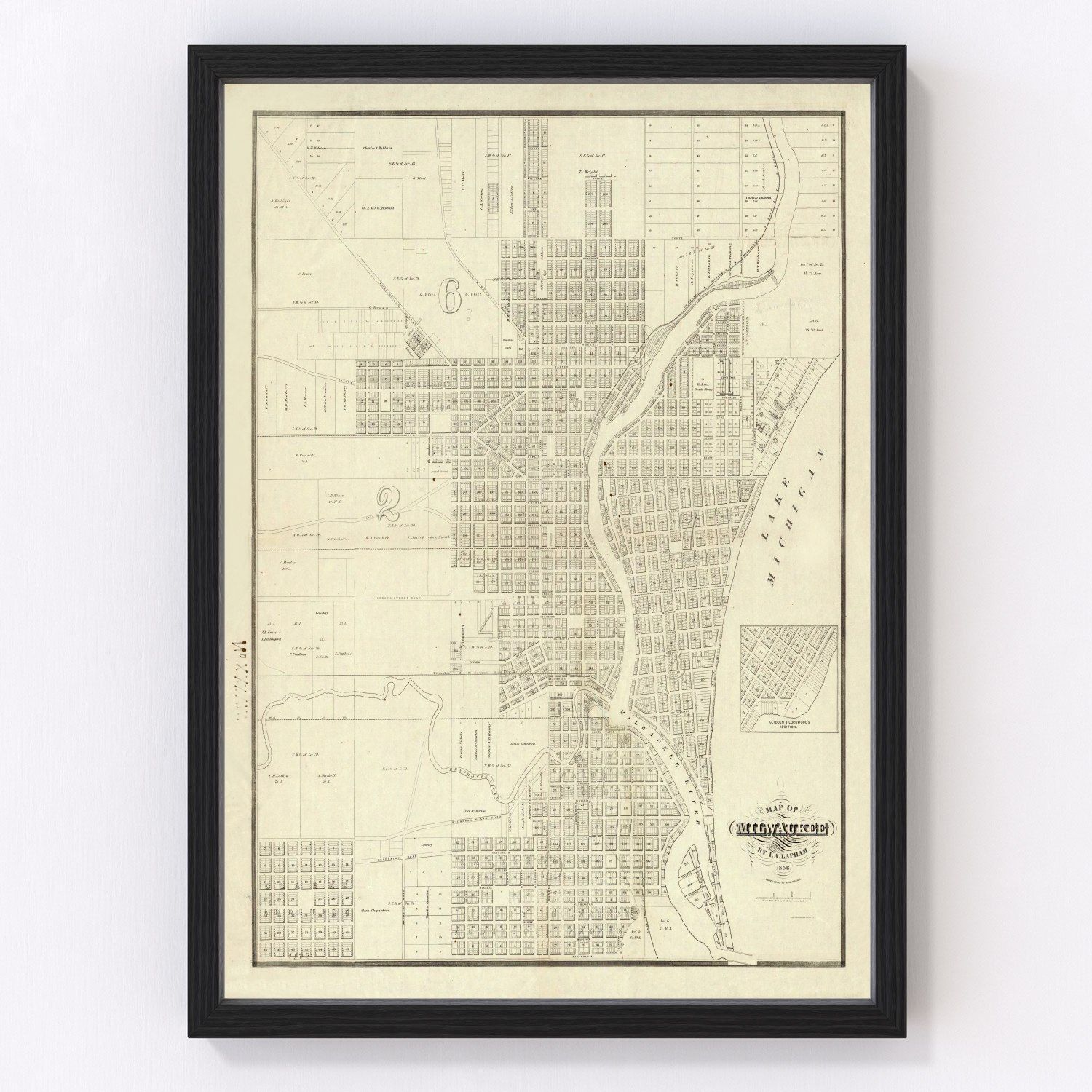 vintage map of Milwaukee, Wisconsin, 1856
