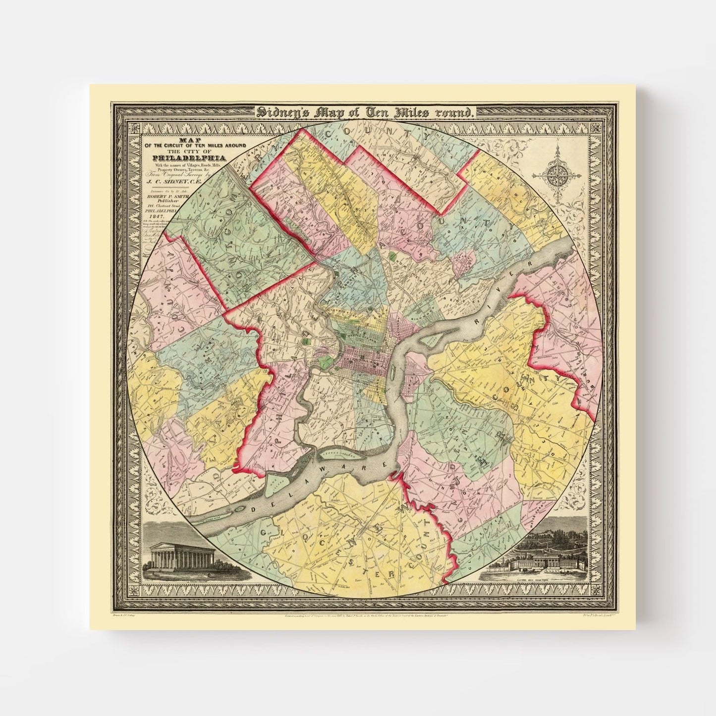 Vintage Map of Philadelphia, Pennsylvania, 1847