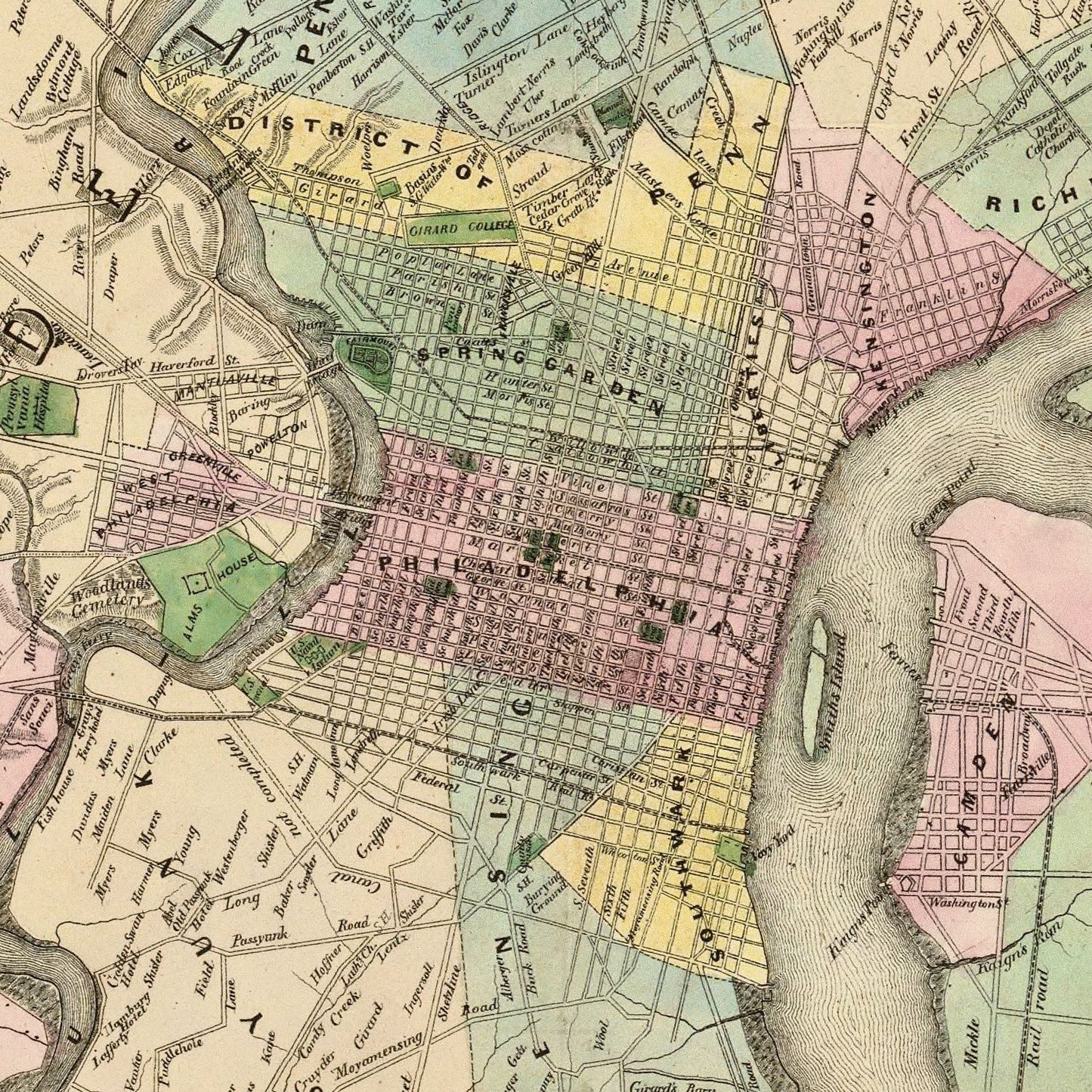 Vintage Map of Philadelphia, Pennsylvania, 1847