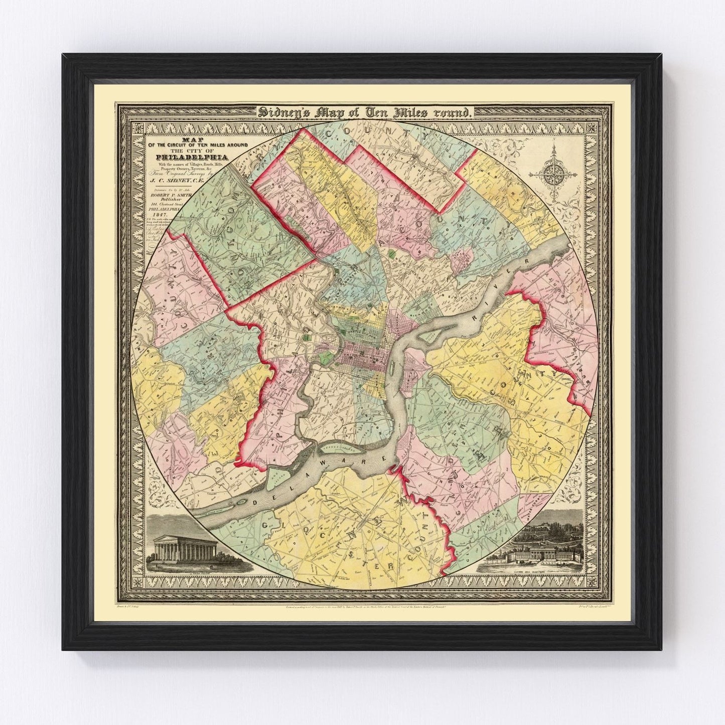 vintage map of Philadelphia, Pennsylvania, 1847