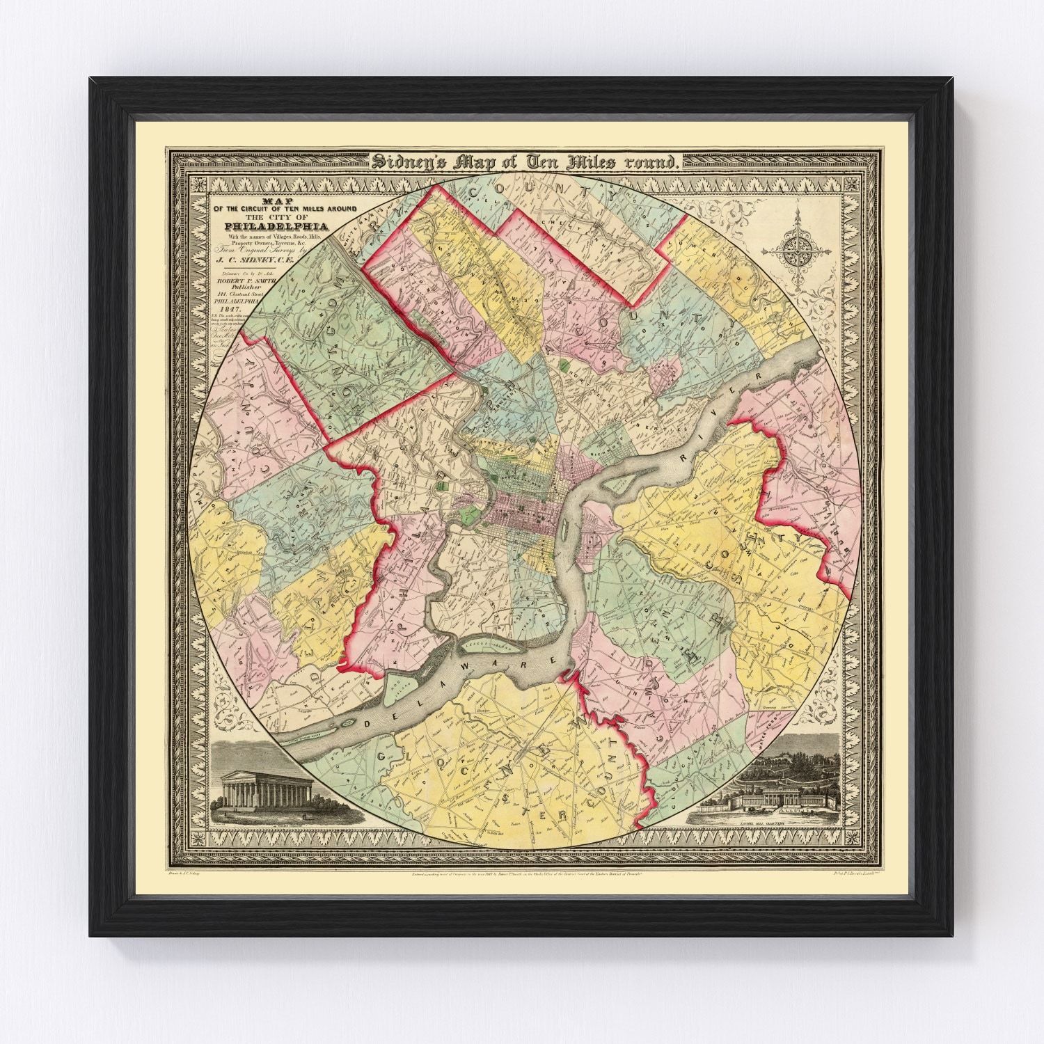 vintage map of Philadelphia, Pennsylvania, 1847