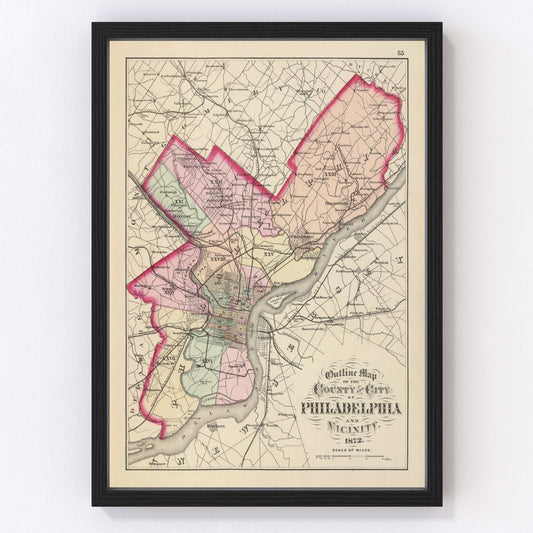 vintage map of Philadelphia, Pennsylvania, 1872