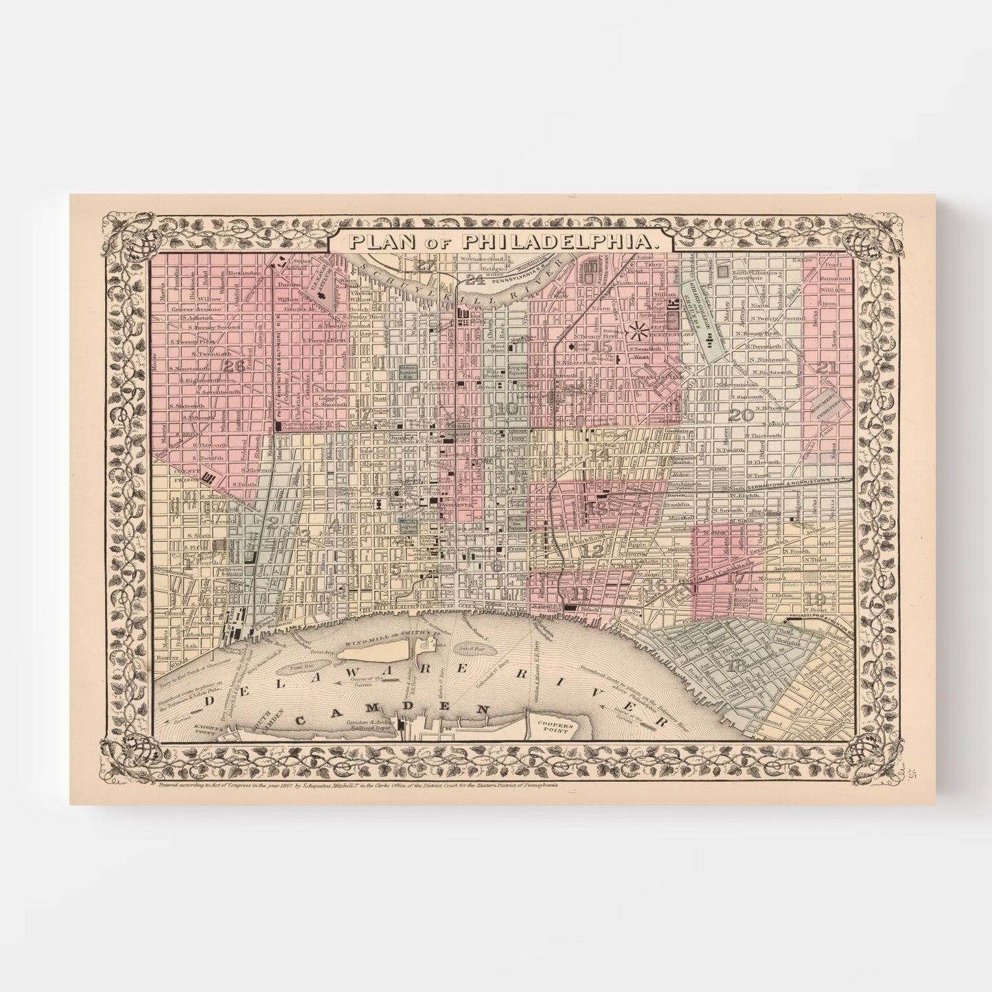 Vintage Map of Philadelphia, Pennsylvania, 1868