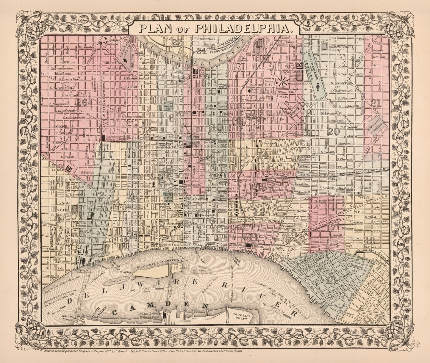 Vintage Map of Philadelphia, Pennsylvania, 1868