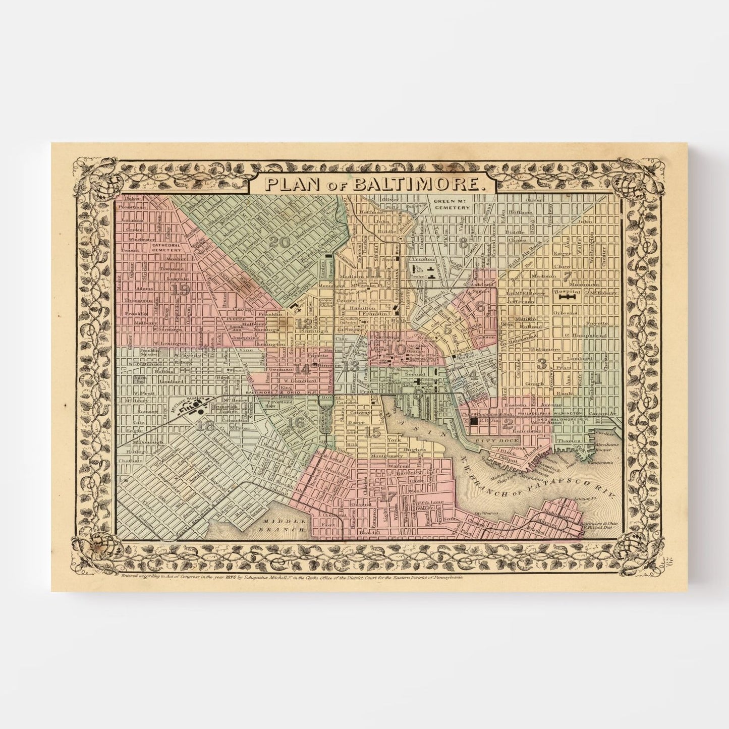 Vintage Map of Baltimore, Maryland, 1870
