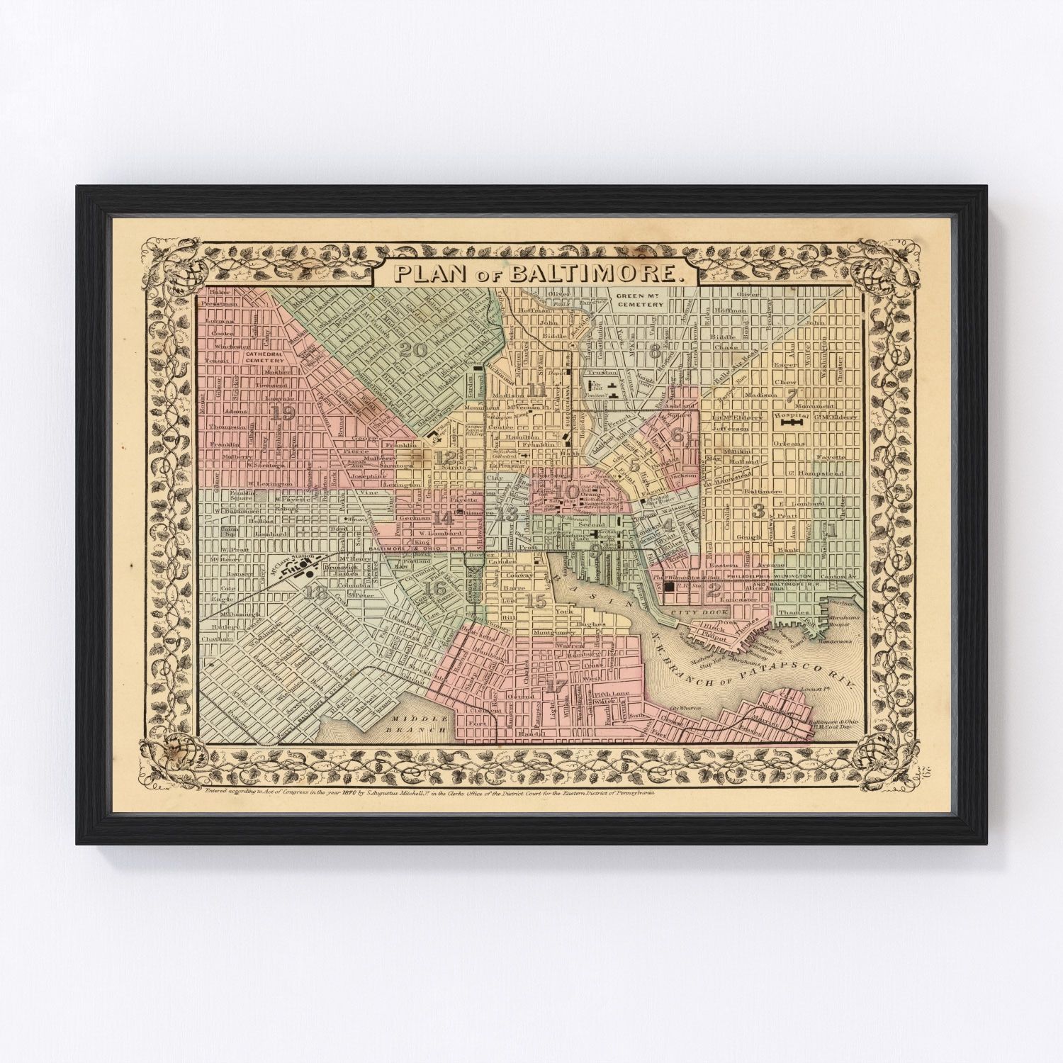 Vintage map of Baltimore, Maryland, 1870