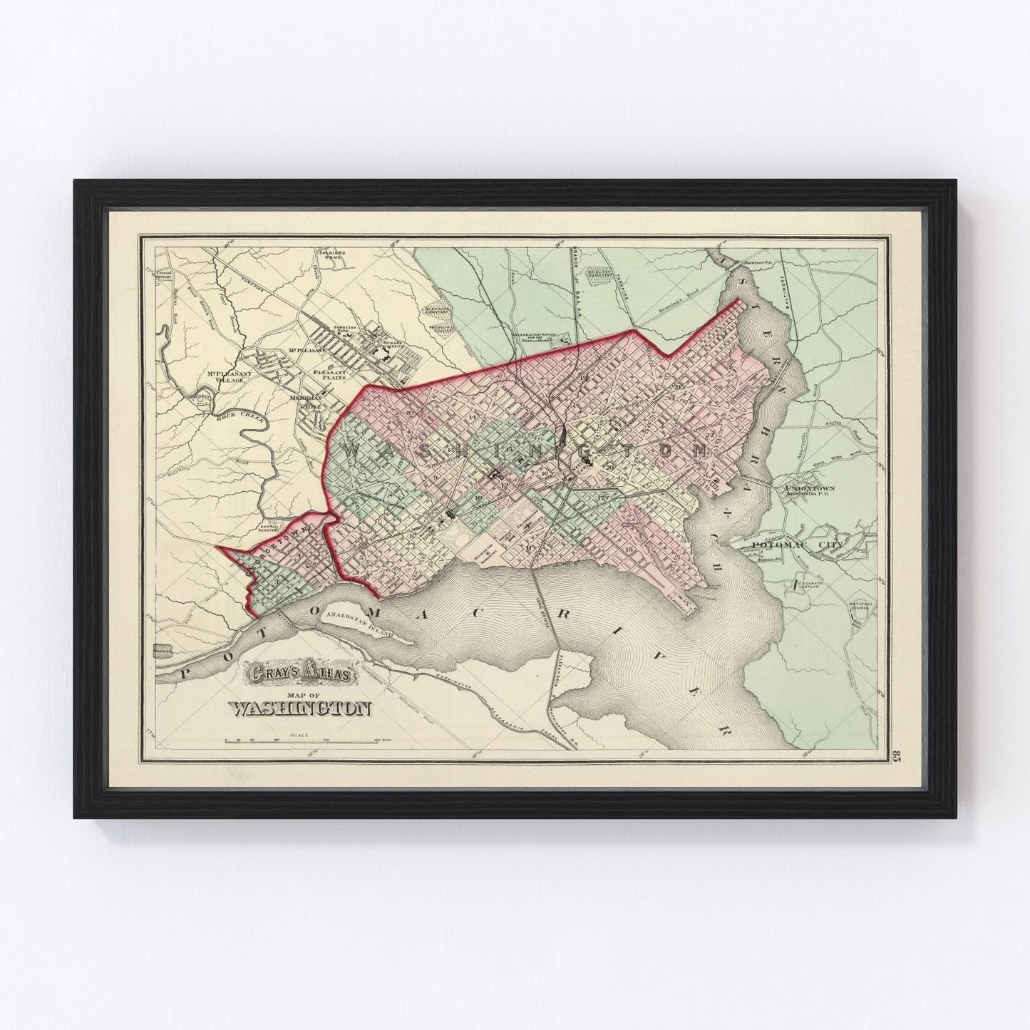 Vintage map of Washington, DC, 1874, post-Civil War capital avenues and parks