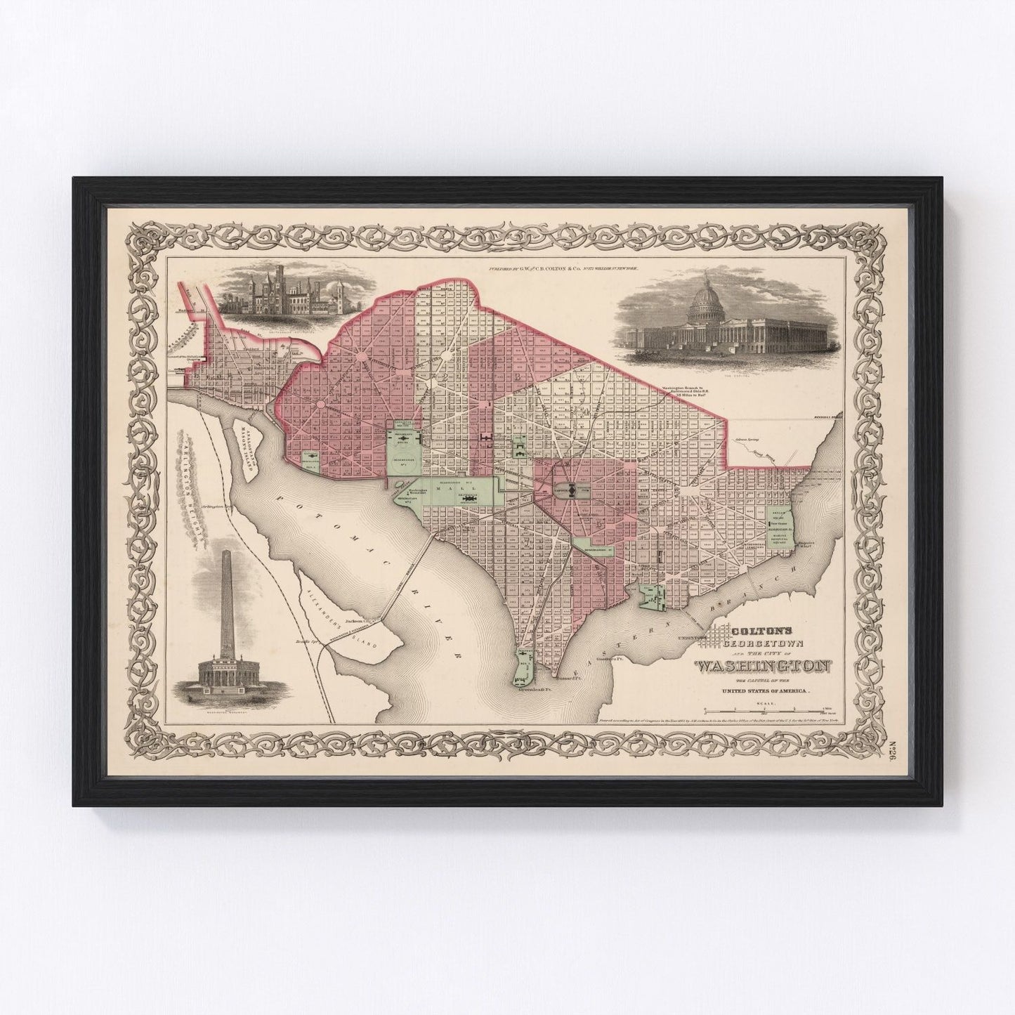 Vintage map of Washington, DC, 1866, post-Civil War capital streets and Potomac