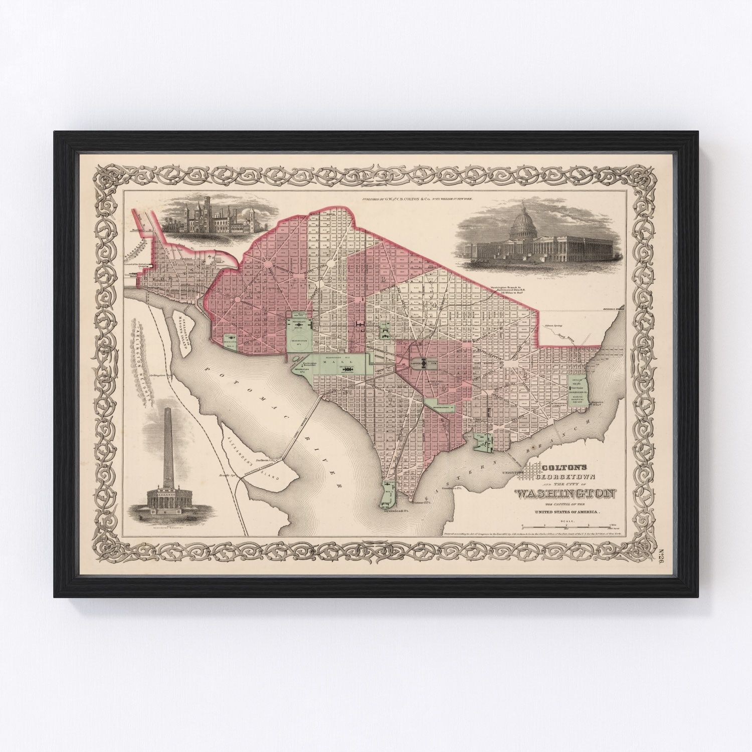 Vintage map of Washington, DC, 1866, post-Civil War capital streets and Potomac