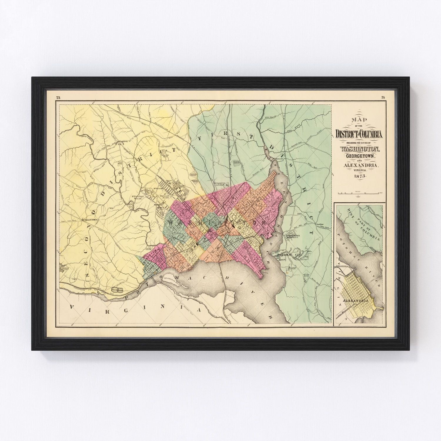 Vintage map of Washington, DC, 1873, L'Enfant street plan and Potomac shoreline